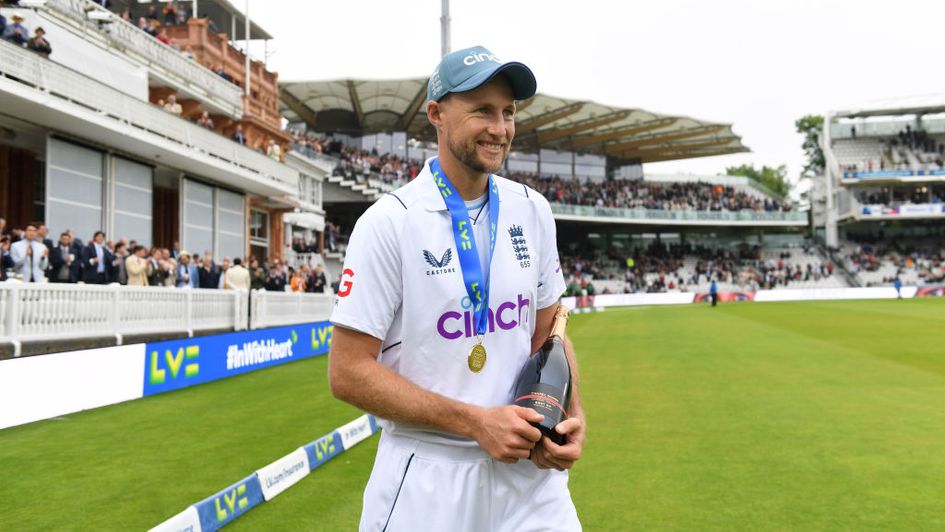 Joe Root celebrates his Man of the Match performance at Lord's