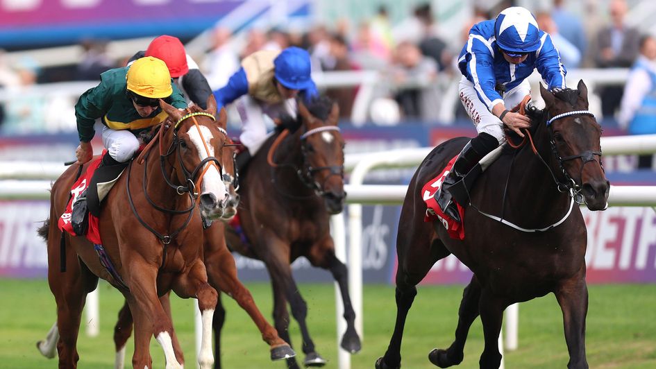 Santorini Star ridden by Tom Marquand (right) wins the Betfred Park Hill Fillies' Stakes