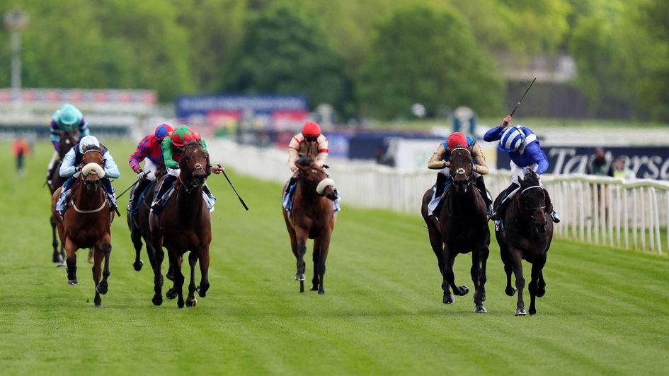Elmonjed (far right) wins the Minster Stakes