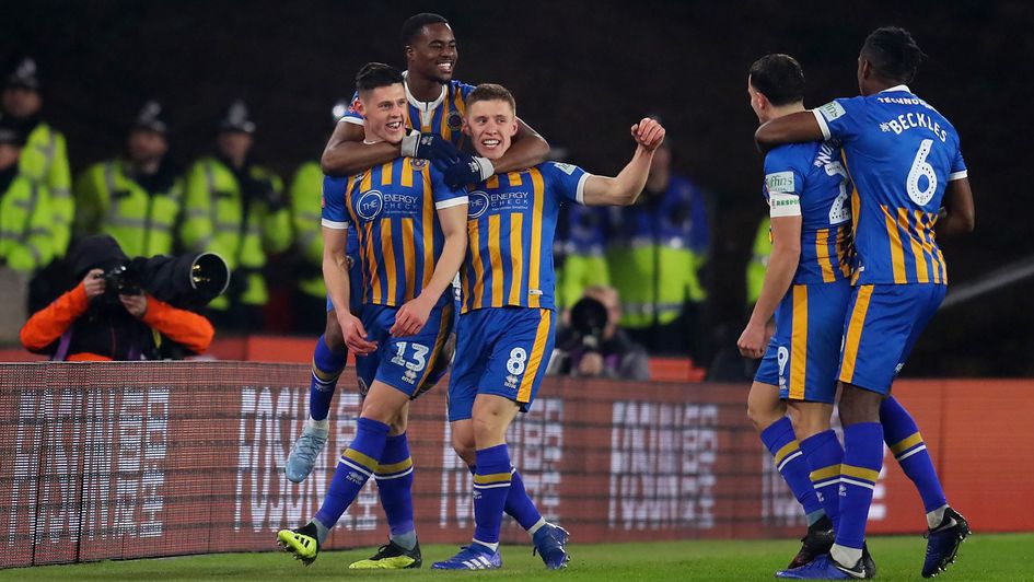 Shrewsbury players celebrate Jason Bolton's goal at Wolves in the FA Cup fourth round replay