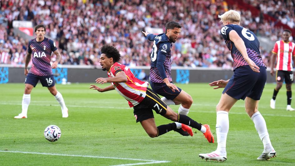 Rodrigo Bentancur fouling Kevin Schade in Spurs' opener