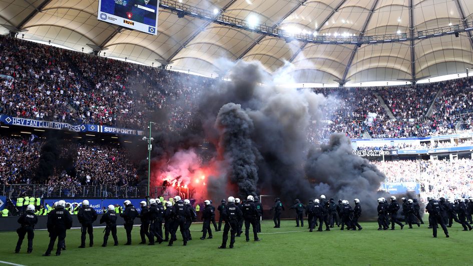 Hamburg fans set off flares after Bundesliga relegation
