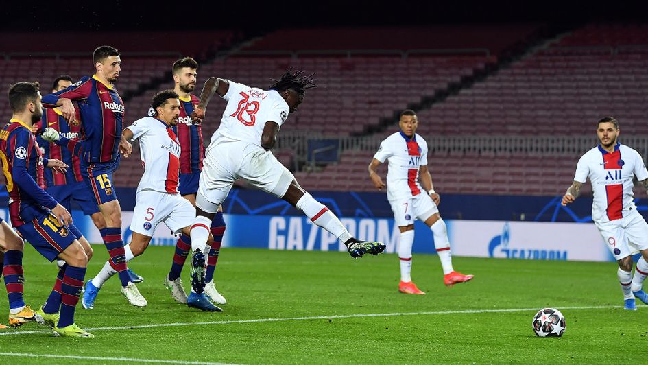 Moise Kean scores PSG's third against Barcelona