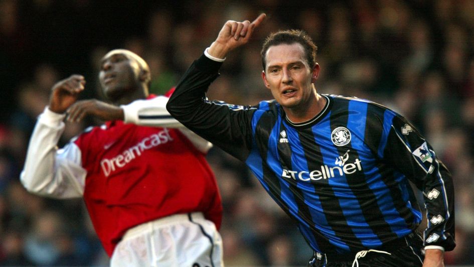 Noel Whelan celebrates scoring against Arsenal