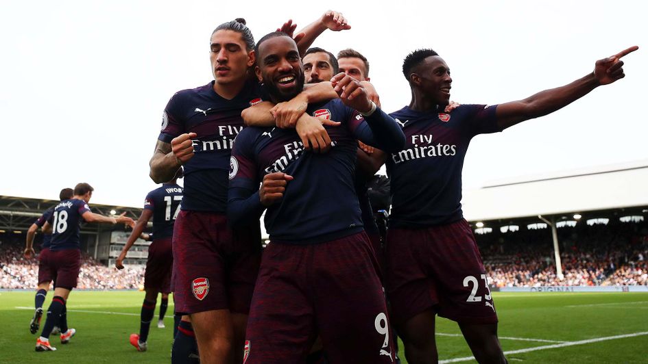 Alexandre Lacazette celebrates an Arsenal goal against Fulham