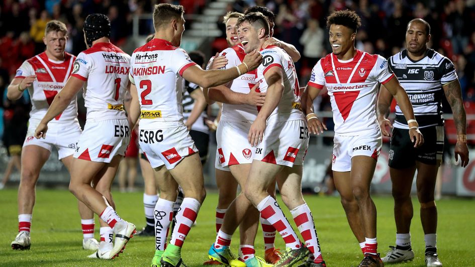 Mark Percival celebrates his try for St Helens against Hull FC