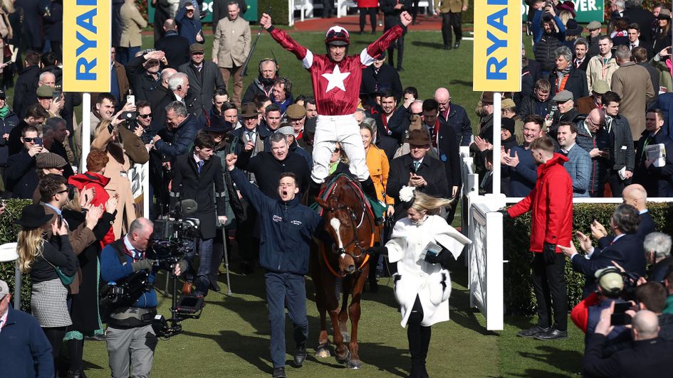 Davy Russell celebrates on Samcro