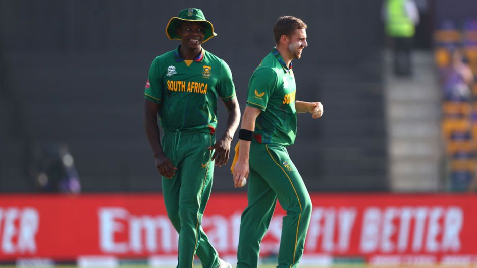 Kagiso Rabada and Anrich Nortje share a joke