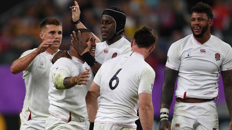 England celebrate Kyle Sinckler's second half try against Australia in the Rugby World Cup quarter-final