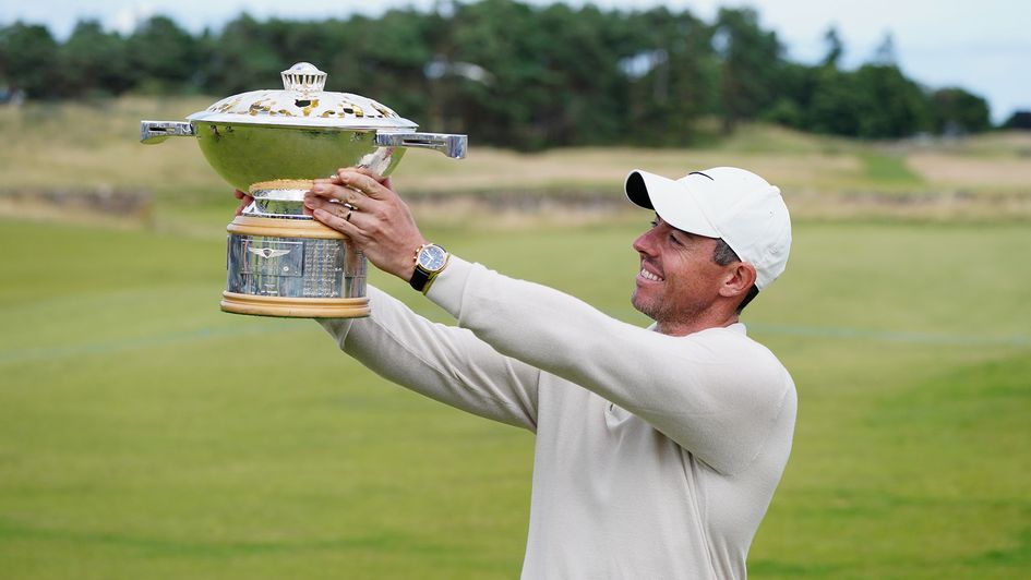 Rory McIlroy celebrates with the Scottish Open trophy