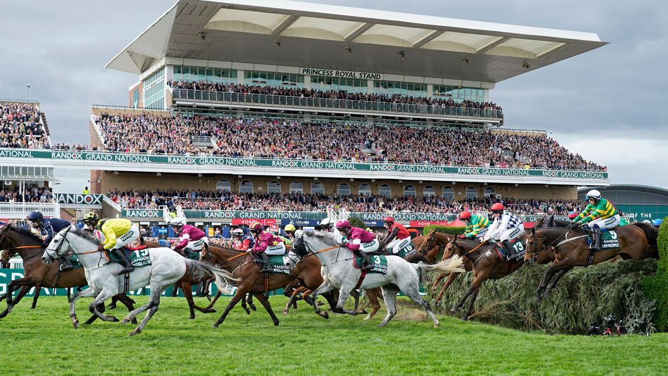The horses in the 2024 Grand National passing the Grand Stand at Aintree