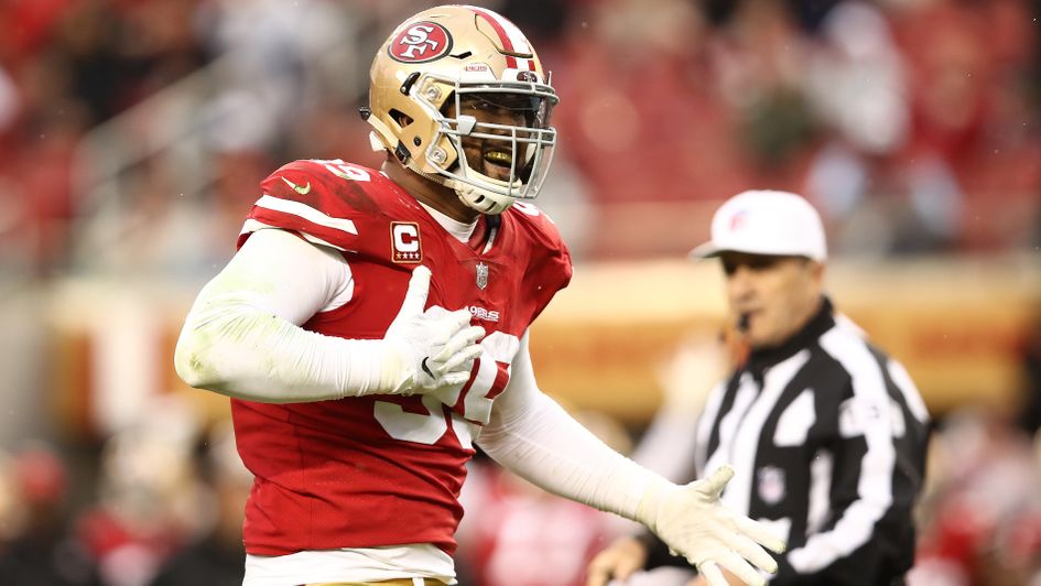 DeForest Buckner of the San Francisco 49ers celebrates