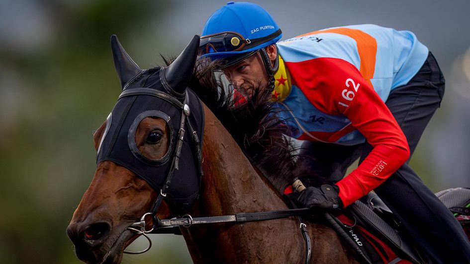 Ka Ying Rising and Zac Purton flow down the Sha Tin straight (Alex Evers for HKJC)