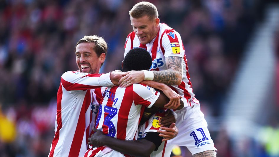 Stoke players celebrate their goal against Hull in the Sky Bet Championship