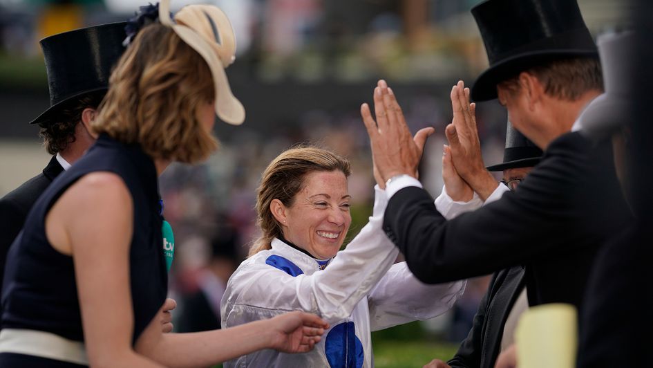 A home win - Hayley Turner celebrates a Royal Ascot winner