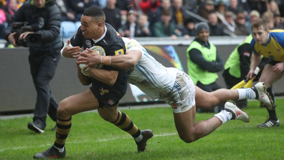 Marcus Watson scores Wasps' first try against Exeter
