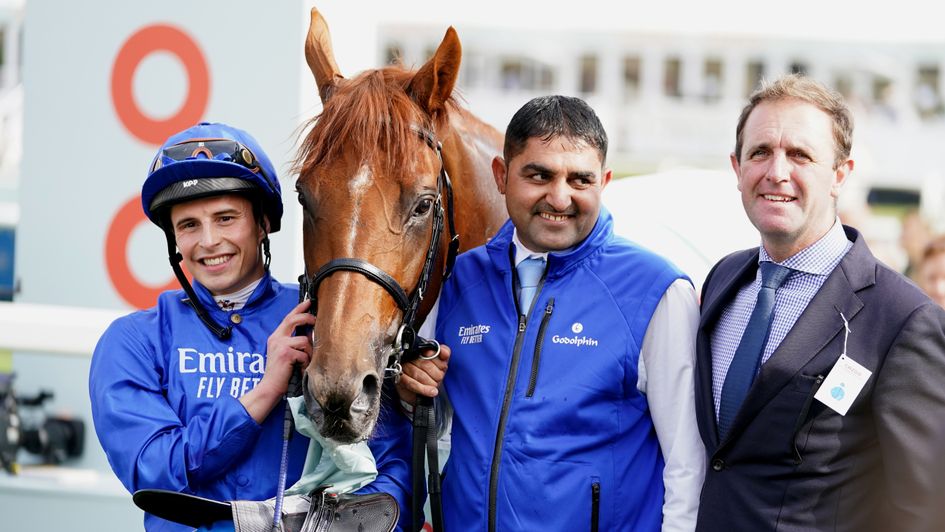 Jockey William Buick (left) and trainer Charlie Appleby (right) after winning the Cazoo St Leger Stakes with Hurricane Lane