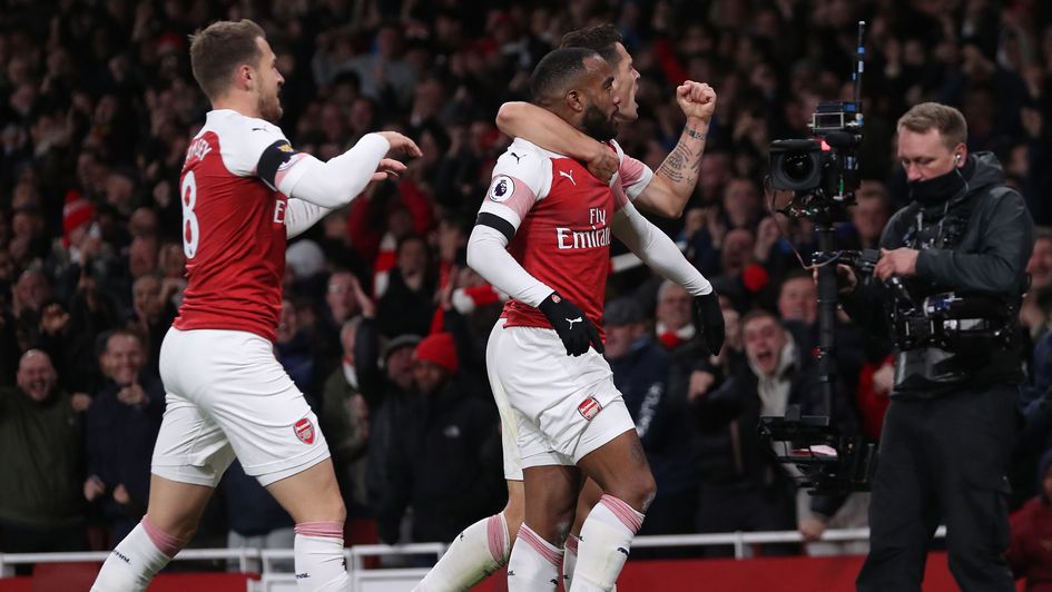 Alexandre Lacazette celebrates his goal for Arsenal at home to Liverpool