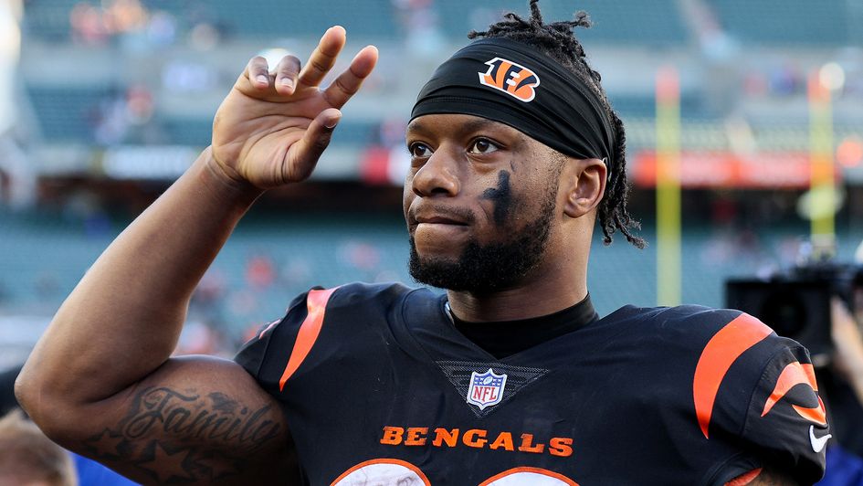 Joe Mixon of the Cincinnati Bengals celebrates a win over the Carolina Panthers