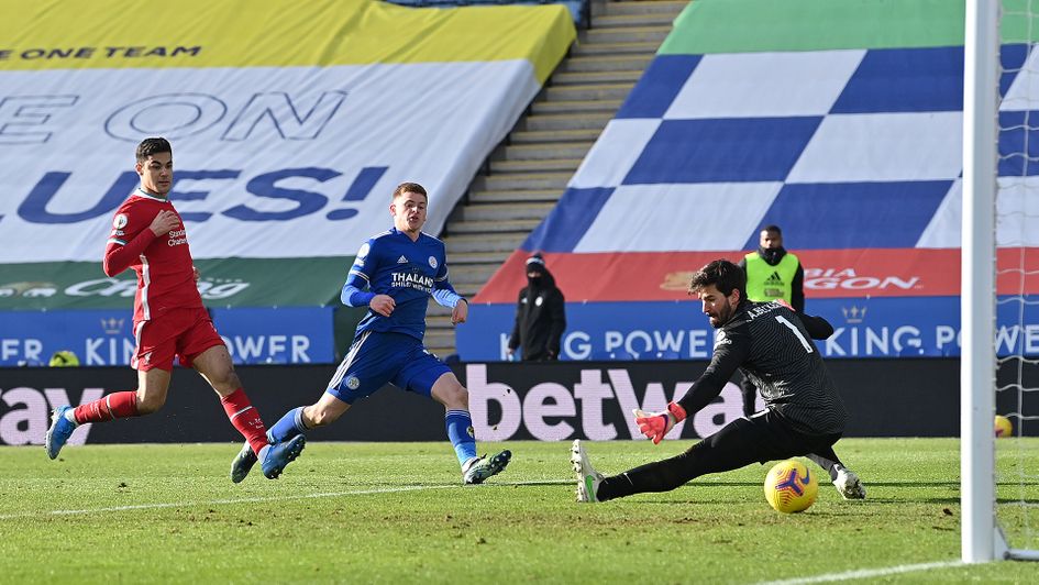 Harvey Barnes scores Leicester's third against Liverpool
