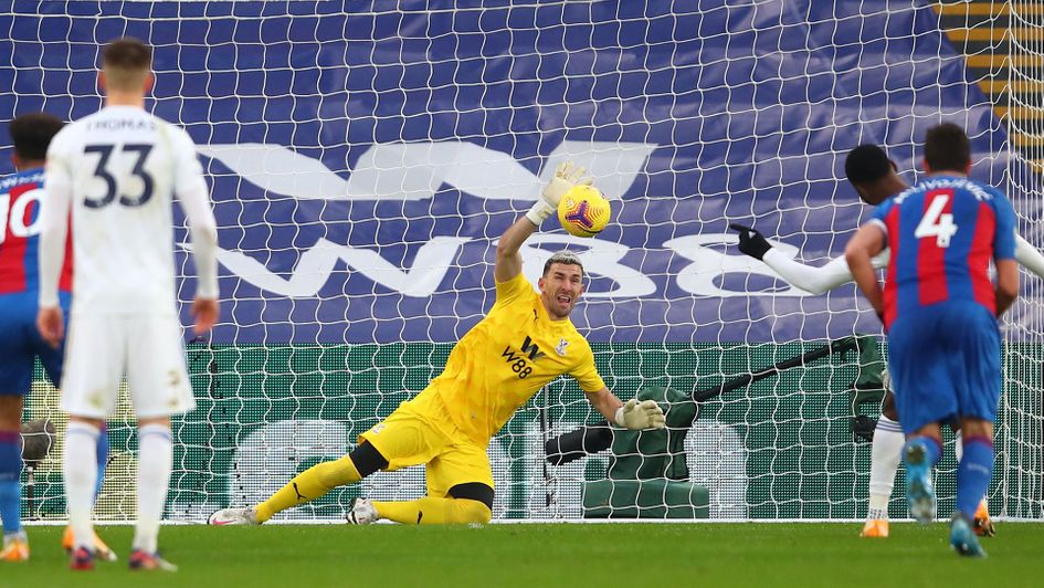 Crystal Palace goalkeeper Vicente Guaita saves Kelechi Iheanacho's penalty