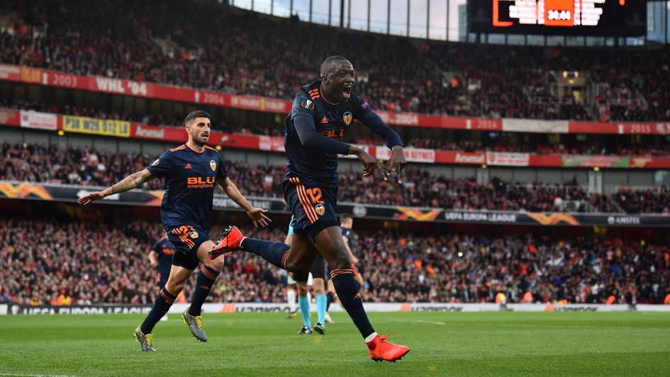 Mouctar Diakhaby: The Valencia man celebrates his goal against Arsenal at the Emirates