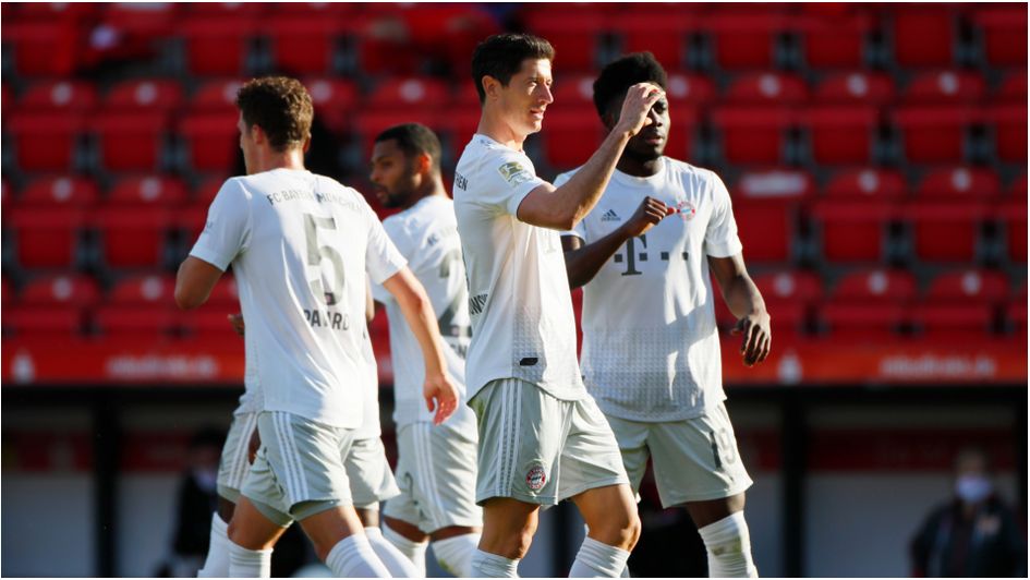 Robert Lewandowski celebrates scoring for Bayern Munich in the Bundesliga