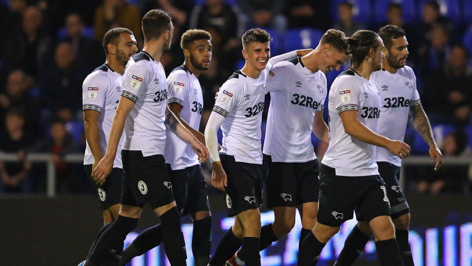 Mason Mount celebrates with his teammates after scoring for Derby in the Carabao Cup