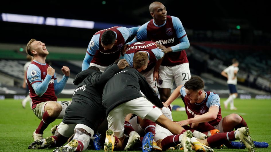 West Ham celebrate Manuel Lanzini's last-minute stunner to draw at Tottenham