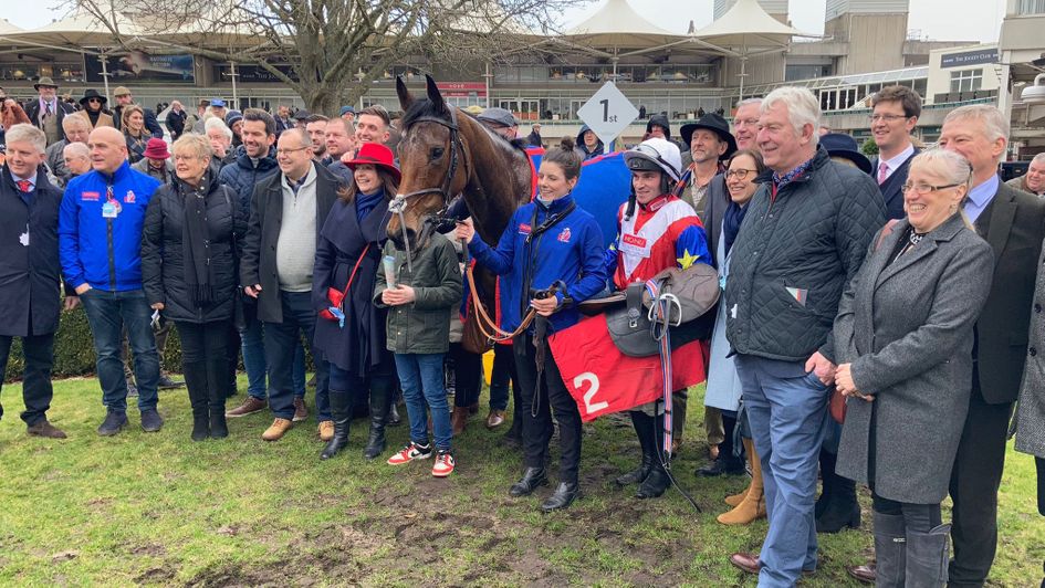 Love Envoi pictured with winning connections at Sandown