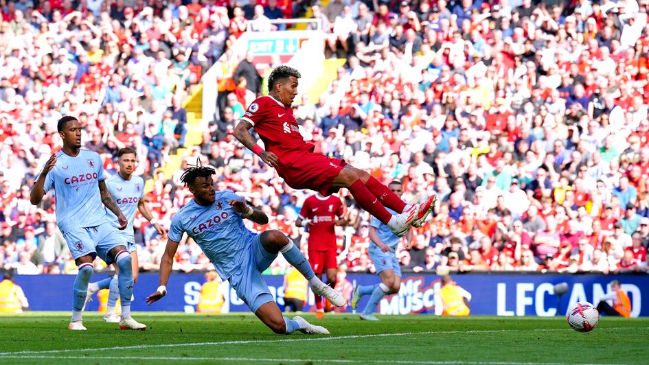 Roberto Firmino scores the equaliser for Liverpool against Aston Villa