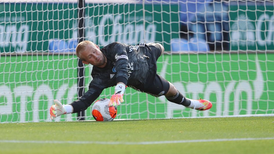 Leicester's Kasper Schmeichel saves a penalty from Brighton's Neal Maupay