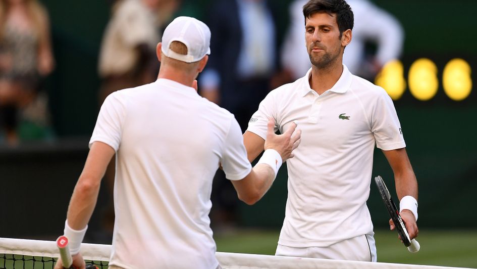 Britain's Kyle Edmund shakes hands with Novak Djokovic after losing to the Serbian at Wimbledon