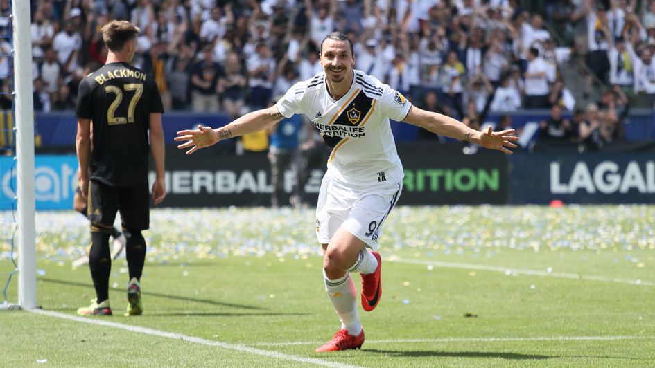 Zlatan Ibrahimovic celebrates a goal against Los Angeles FC