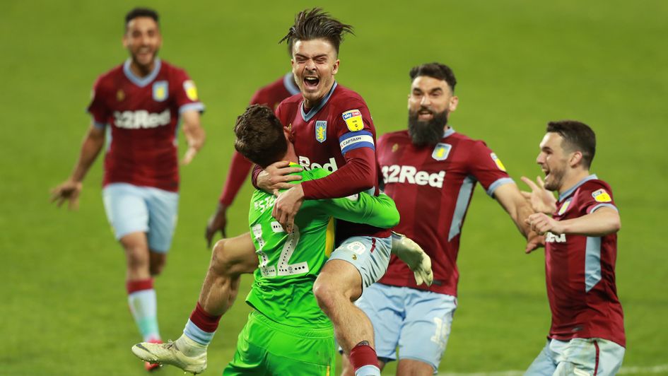 Aston Villa celebrate reaching the Sky Bet Championship play-off final