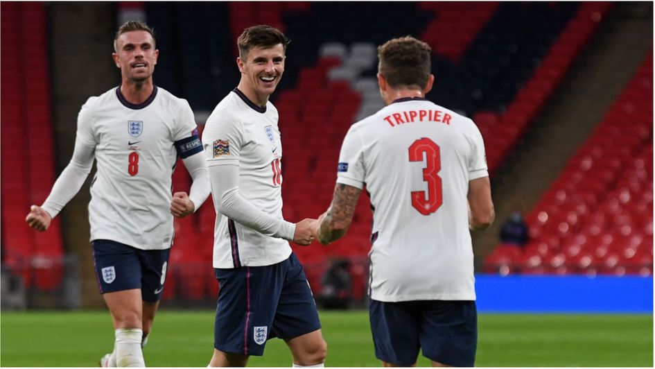 Mason Mount celebrates his deflected goal for England against Belgium in the Nations League