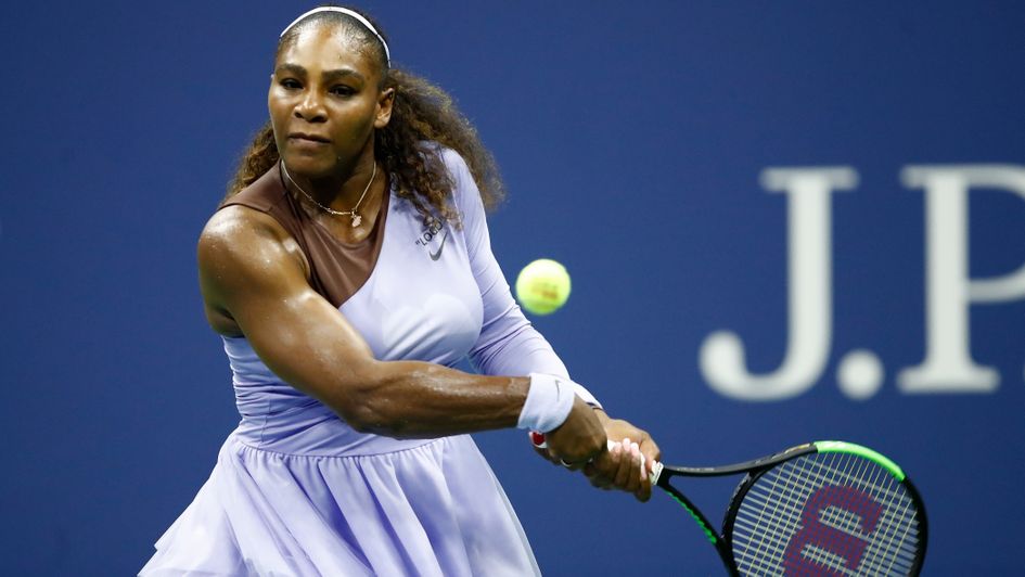 Serena Williams plays a backhand during the US Open
