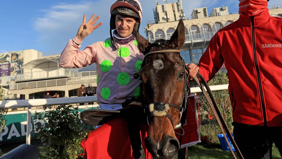 Patrick Mullins celebrates on Sharjah