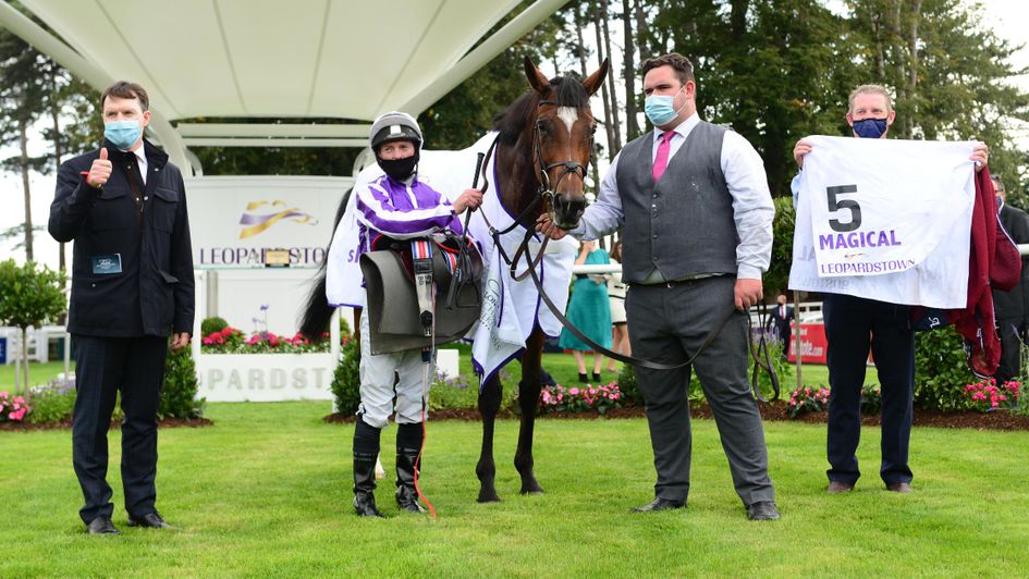 Aidan O'Brien (left) after Magical's Irish Champion Stakes win
