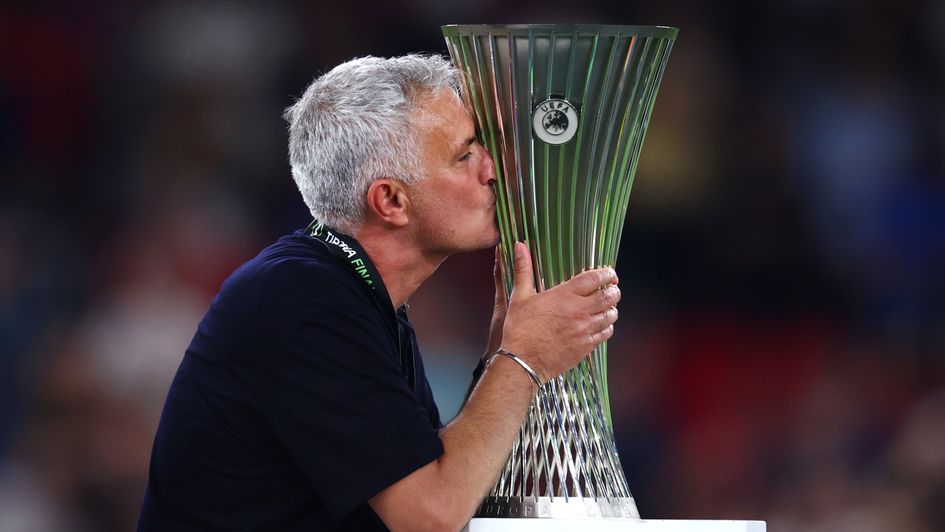 Jose Mourinho celebrates winning the 21/22 Europa Conference League