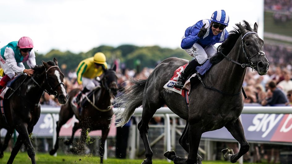 Jim Crowley celebrates on Muntahaa in the Sky Bet Ebor