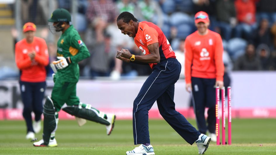 Jofra Archer celebrates for England