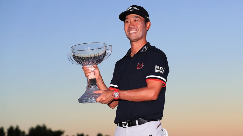 Kevin Na celebrates with the Shriners Hospitals for Children Open trophy in Las Vegas