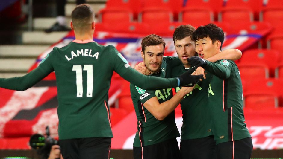 Tottenham celebrate Ben Davies' goal against Stoke