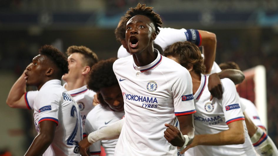 Tammy Abraham: Chelsea ace celebrates his goal against Lille - his first in the Champions League