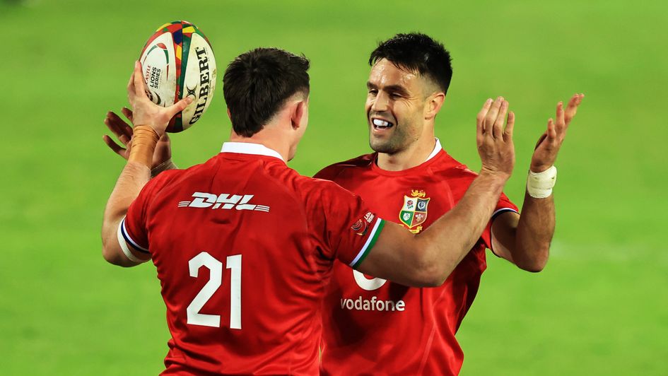 Tom Curry of The British and Irish Lions is congratulated by teammate Conor Murray
