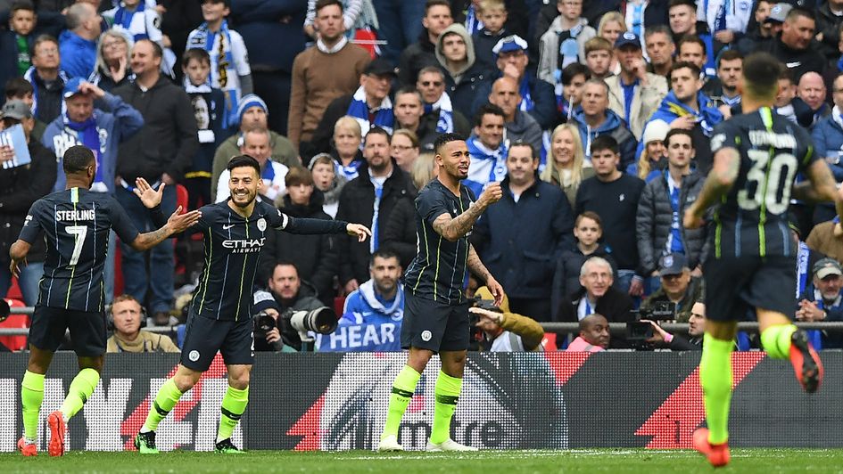 Manchester City celebrate Gabriel Jesus' goal in the FA Cup semi-final against Brighton