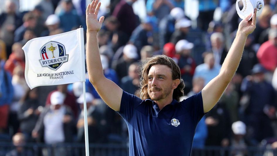 Tommy Fleetwood celebrates at the Ryder Cup