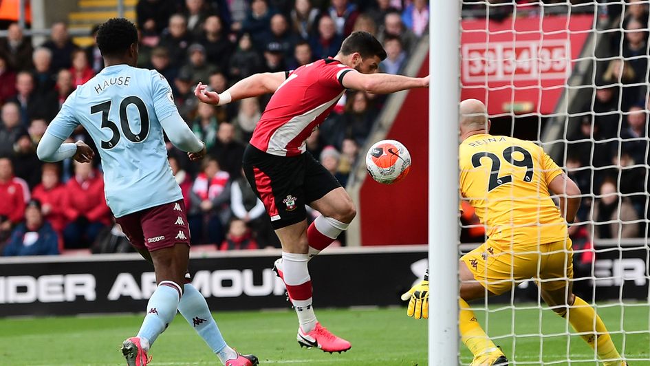 Shane Long in the process of scoring Southampton's first against Aston Villa
