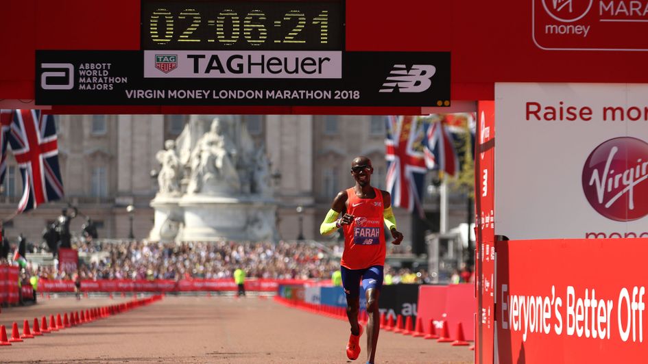 Mo Farah crosses the finish line at the 2018 London Marathon